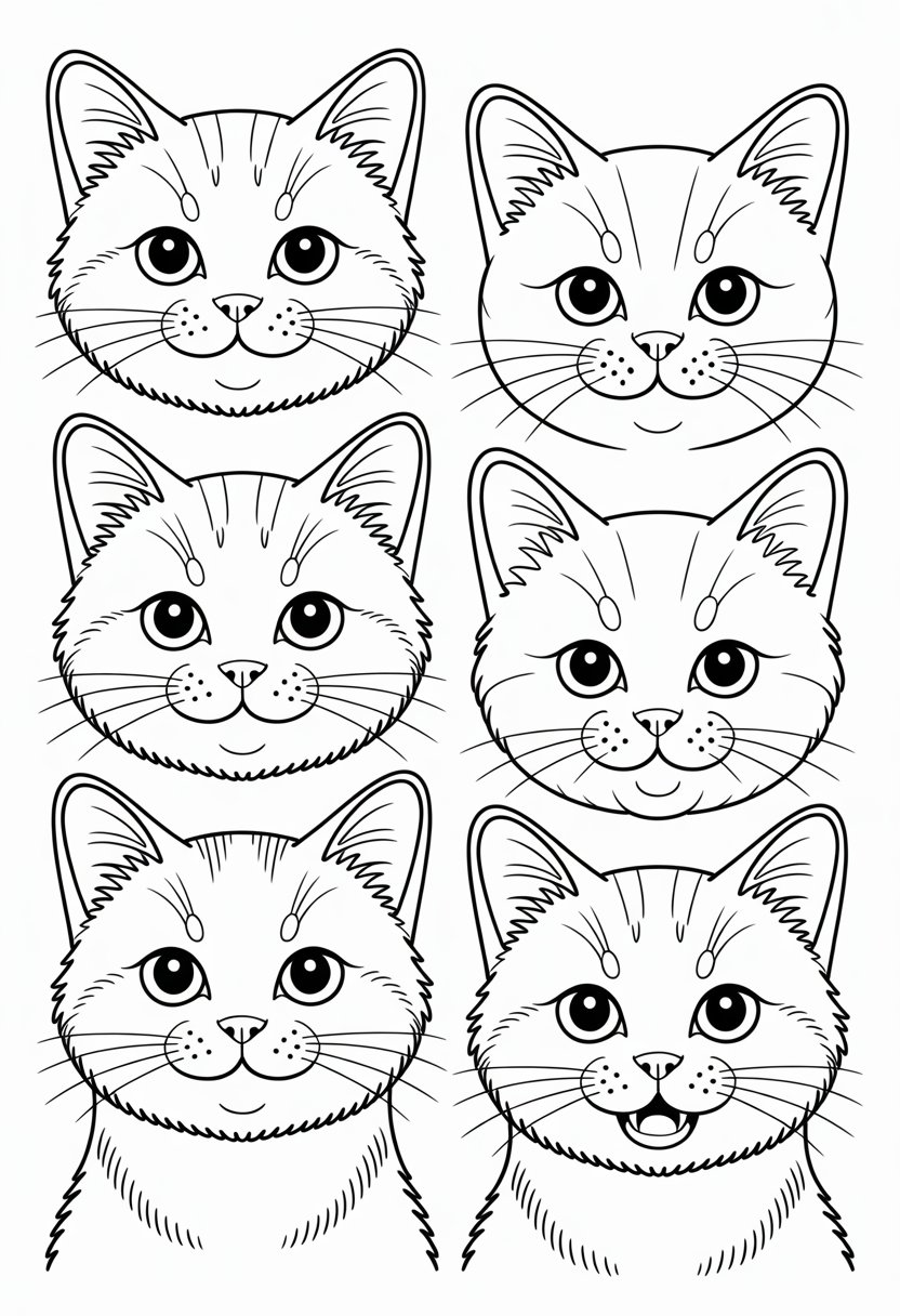 Printable Cute Cat Coloring Pages 20 Best Designs for All Ages 23 A collection of cat faces showing different emotions such as happiness, curiosity, sleepiness, surprise, playfulness, and contentment.